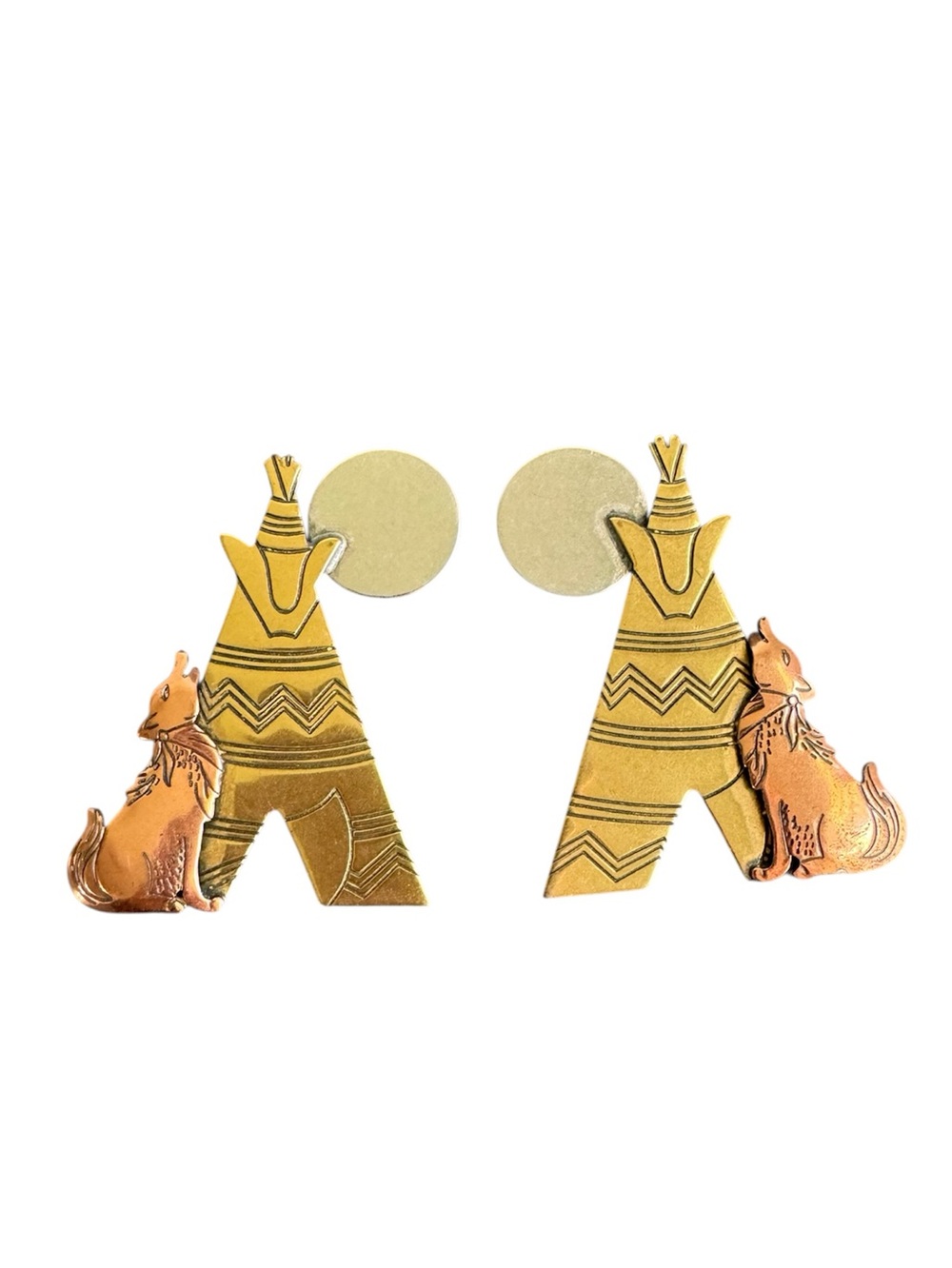 Vintage 90s Southwest Earrings Wolf‎ Howling At The Moon Large Statement Boho